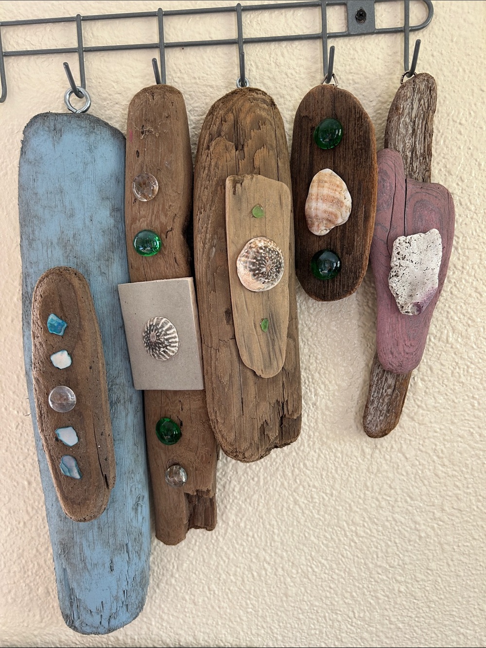 Handcrafted Driftwood Wall Hanging with Blue and Pink Accents